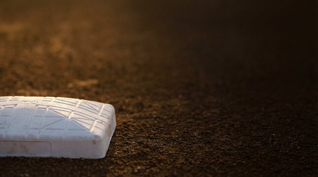 Baseball base on a dirt infield at sunset with golden hour lighting