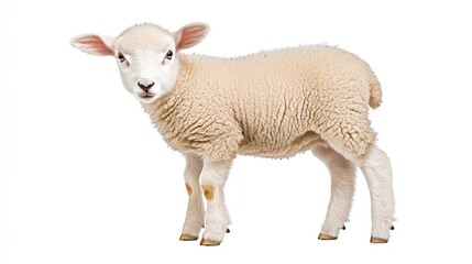 Fototapeta premium A charming young sheep stands playfully on a pristine white background, capturing its fluffy texture and lively spirit