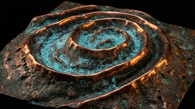 Textured metallic spiral sculpture with blue-green verdigris patina and warm copper highlights, dramatically lit against a dark background, showcasing intricate concentric rings.