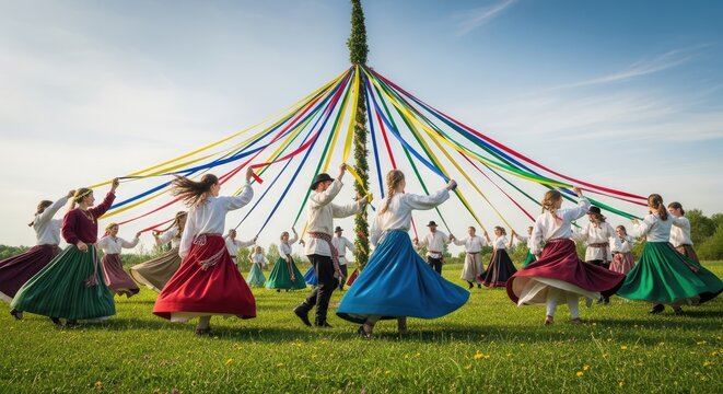 People dancing around a colorful Maypole in a green field under a blue sky.