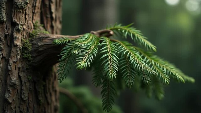 Detailed close-up of aged incense cedar branch showing textured bark and fine foliage with soft blurred background 
