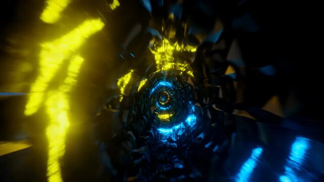 Futuristic Crystal Tunnel Illuminated By Pulsating Electric Lights And Reflective Geometric Structures