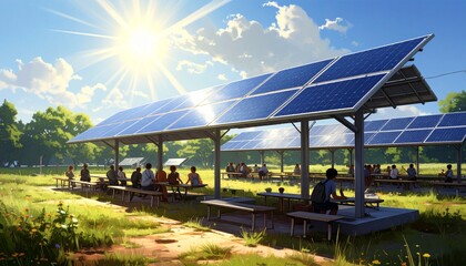 Obraz premium Outdoor solar-powered classroom with students learning under sunlight in nature