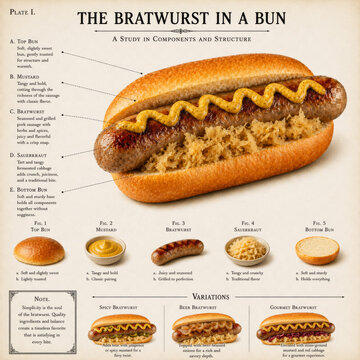  Salchicha bratwurst en pan con mostaza y esquema de ingredientes en estilo plano