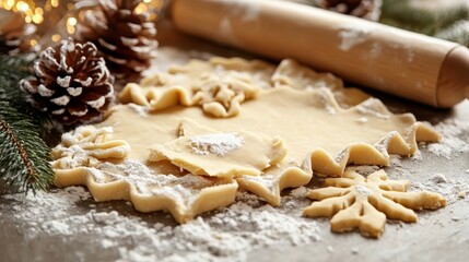 Fototapeta premium Christmas cookie dough being prepared with a rolling pin and snowflake cutters on a floured rustic surface, evoking holiday spirit and homemade traditions.
