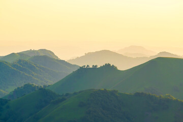Fototapeta premium View of the green mountains and hills at sunset. Beautiful summer landscape