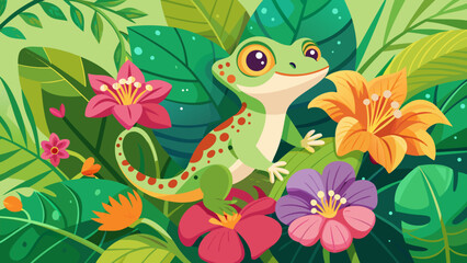 Obraz premium Summer Tropical Gecko Lizard with Flowers Vector Illustration