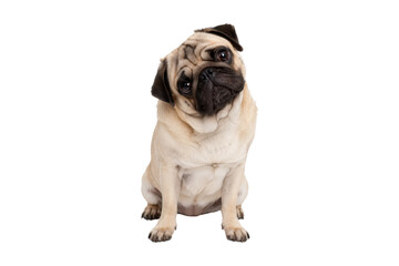 Obraz premium Cute pug dog sitting and looking forward with an expressive face, isolated on white background, perfect for pet, lifestyle, and animal-themed projects.