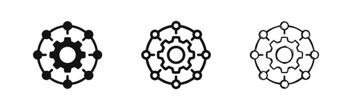 Centralized management or settings network icon set in glyph line and hand-drawn doodle vector styles