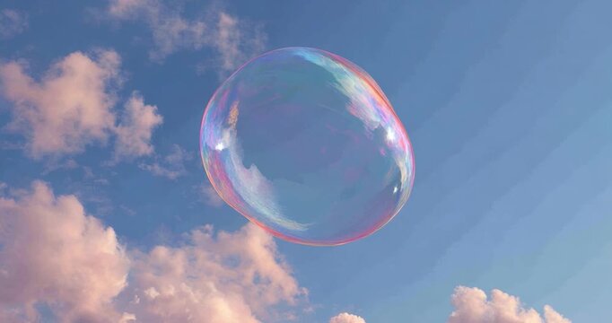 Floating Sphere: A delicate, iridescent bubble drifts gracefully against a vibrant canvas of a cloud-filled sky, embodying the ephemeral beauty of transience.