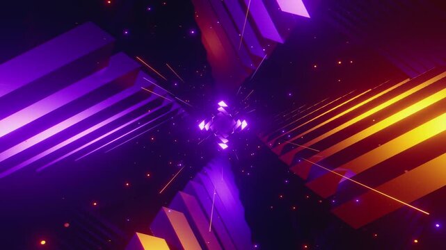 4K seamless orange and purple VJ loop with abstract high-tech polygonal tunnel and glowing light streaks for VJ sets, high-tech club visuals, music festivals, stage screens, LED video walls
