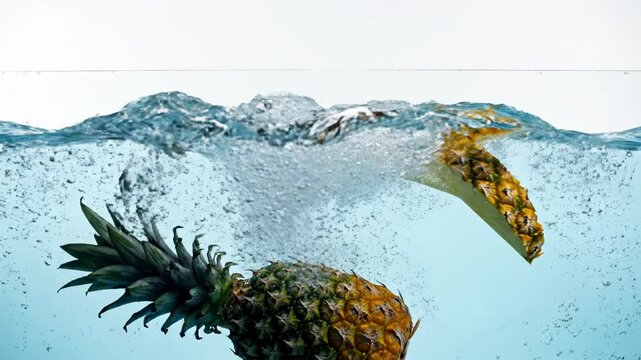 Fresh whole pineapple falling into clear blue water with ripples and small splash, isolated on white background, high-speed photography showing fruit texture and water surface.