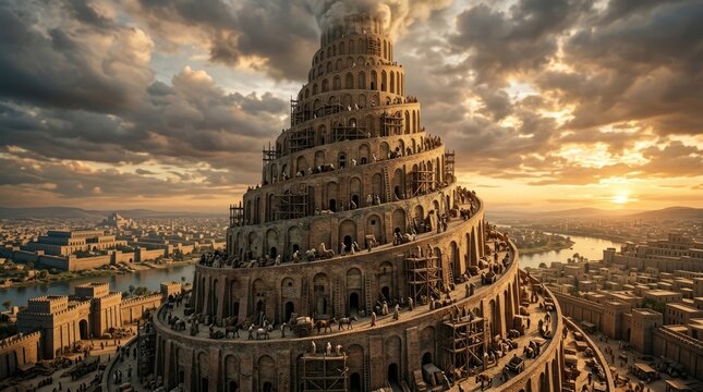 Ancient structure ascend: Babel Tower, human strive, construct heaven, spiritual ambition, divine punishment, language confusion, monumental project, biblical narrative, early civilization.