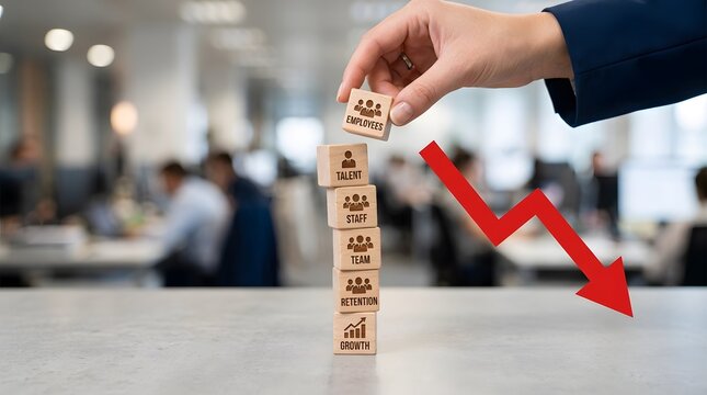 Hand pushing a wooden block making a red arrow crash down