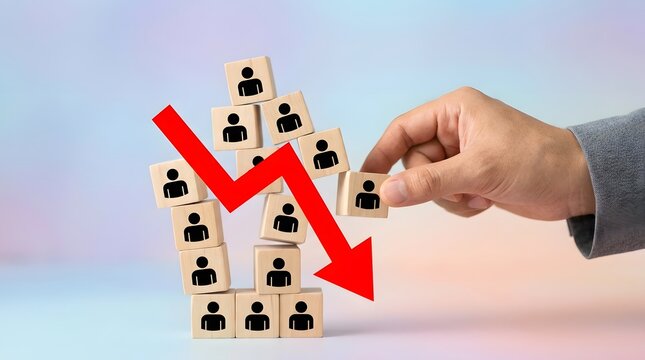 Hand assembling wooden blocks shaped like people with a falling red arrow