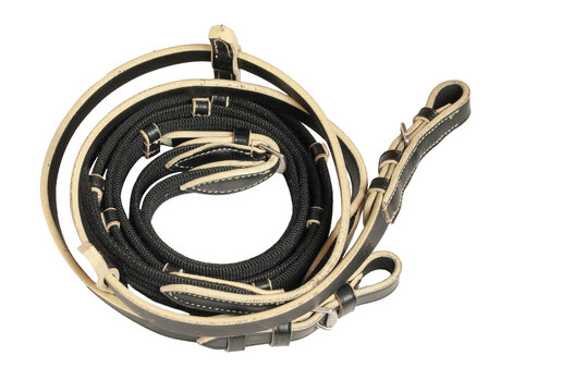 Beautiful leather rein - part of horse bridle isolated on white background. horse  equipment