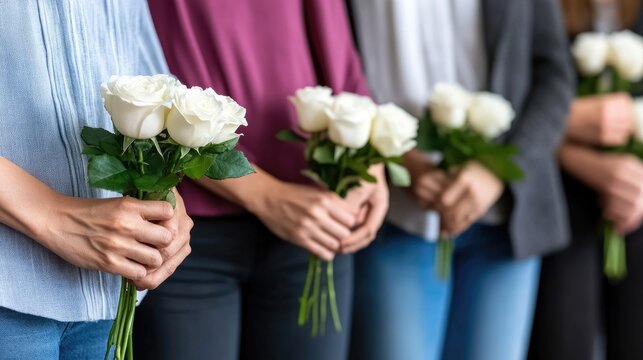 A poignant gathering of mourners holding white roses at a solemn funeral service, reflecting shared grief and remembrance in soft light