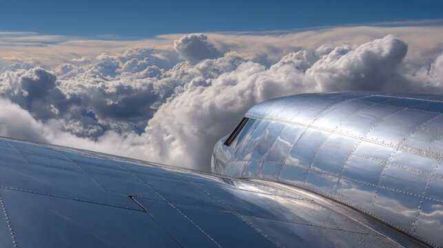Silver metallic fuselage of an executive jet soaring through clouds, reflecting the sky, showcasing advanced aviation.