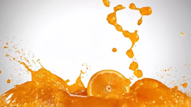 High-speed macro capture of a fresh orange fruit falling into orange juice, creating a large explosive splash with liquid droplets and a crown shape against a white background.