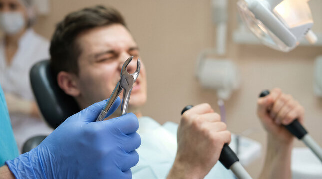 Patient in dental chair experiencing fear and anxiety during a tooth extraction procedure with a dentist holding dental forceps