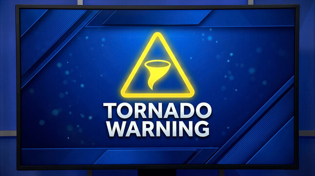 Tornado warning sign on a digital screen, emergency weather alert broadcast graphic with a yellow triangle icon and text