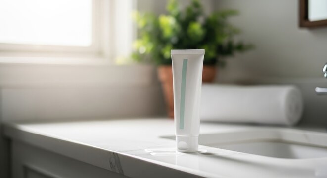 Toothpaste tube on bathroom countertop closeup.
