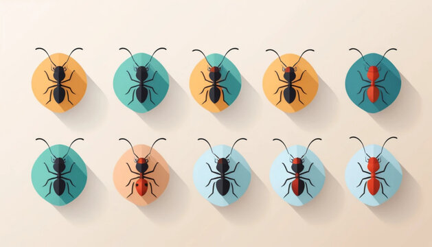 A set of flat colored ant icon illustrations on a plain background. 