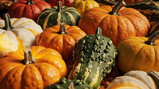Pumpkins and Colorful Gourds Arranged for a Fall Harvest Display