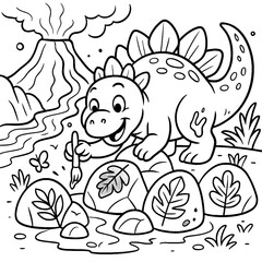 Obraz premium Cute Dinosaur with Volcano Scene – Kids Coloring Page Line Art
