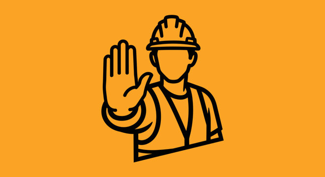 Construction worker in hard hat and safety vest making a stop gesture with open palm, warning sign