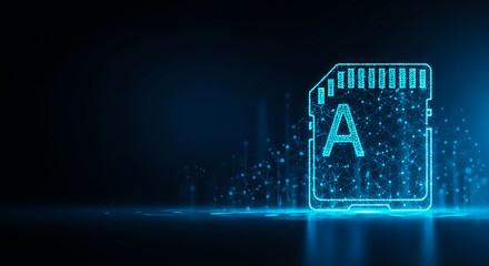 Fototapeta premium A stylized, glowing SD card with a sleek digital design and the letter 'A' illuminated, set against a dark, tech-inspired background.