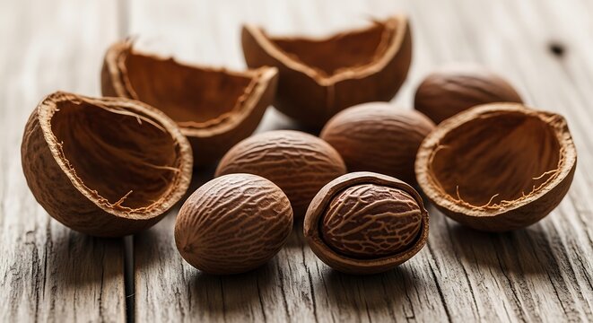 Whole and cracked babassu nuts and shells scattered on a rustic wooden surface, natural lighting. babassu