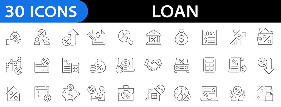 Loan icon set. Credit icons. Debtor. Mortgage. Banking. Lender. Money. Installment. Income. Credit score. Editable stroke. Vector illustration