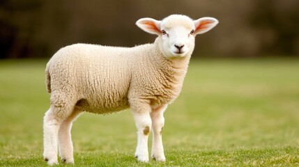 Fototapeta premium A curious sheep stands on a vibrant grassy hill, gazing at the camera under a soft green backdrop in nature’s tranquility