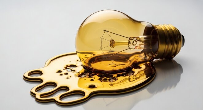 Broken incandescent light bulb with spilled oil and scissors on white surface