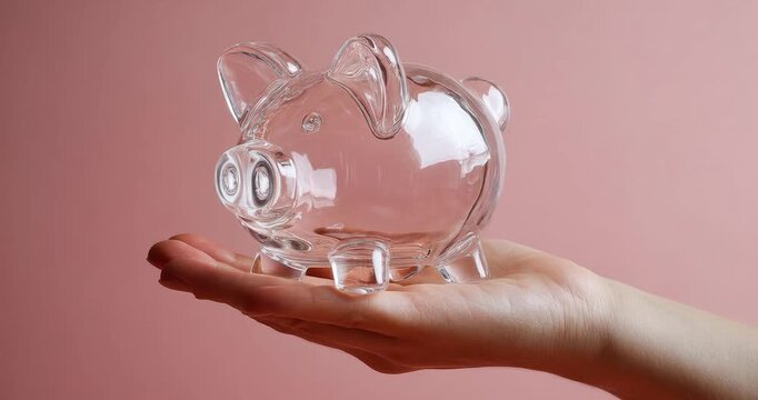 Piggy Bank in Hand: A transparent glass piggy bank rests gently in an outstretched hand, symbolizing financial security, savings, and the promise of a prosperous future.