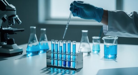 Fototapeta premium Scientist using a pipette to add liquid to test tubes in a lab