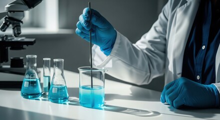 Fototapeta premium Scientist stirring blue chemical solution in a laboratory beaker