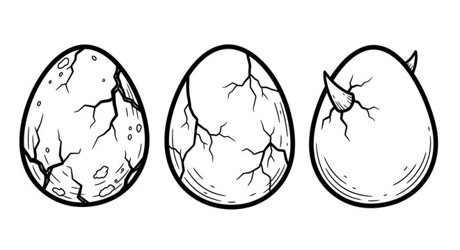 Cracked egg designs: textured, smooth, and horned variations in black and white