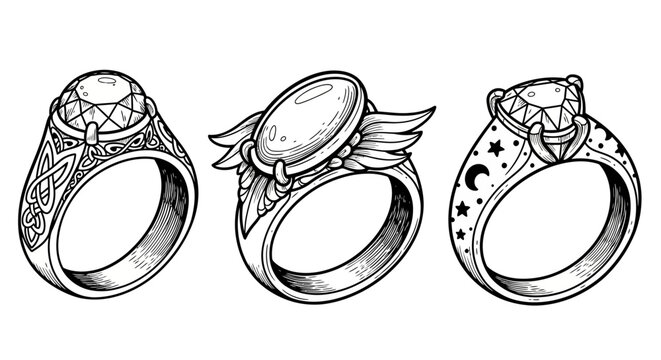 Ornate ring designs with intricate patterns and gemstones
