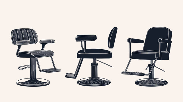Three vector illustrations of vintage barber chairs in various positions with crosshatch shading