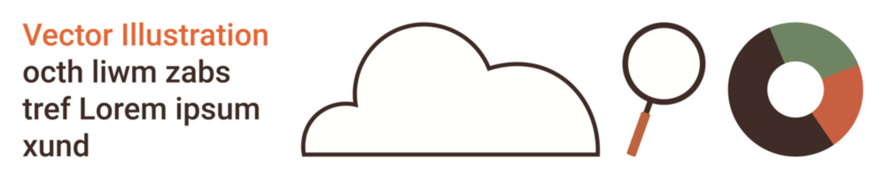 Cloud computing, data analysis, search tools, technology strategies, data management, digital services. Minimalist cloud shape, magnifying glass pie chart. Cloud computing and data analysis