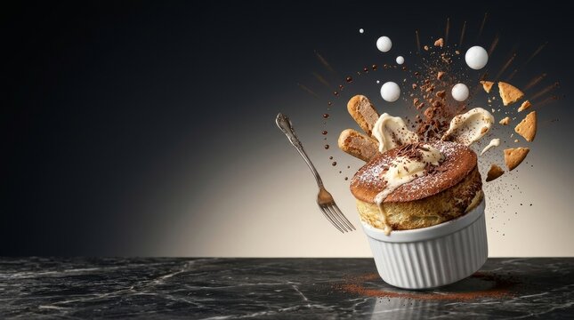 A decadent chocolate souffl in a white ramekin on a black marble table with a fork and pieces of cake and cream flying out of it