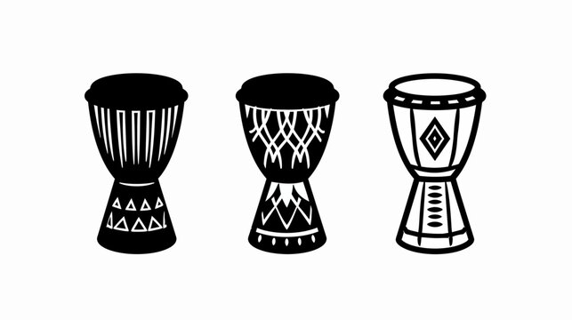 Three stylized black-and-white drums with unique patterns on a plain background