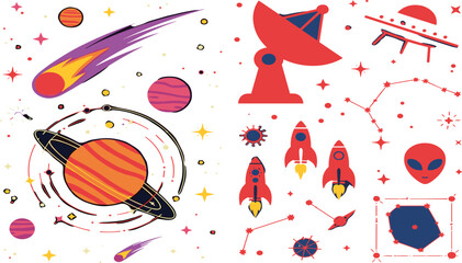 Colorful space elements set with planets rockets comets and satellite in modern cartoon style for cosmic vector illustration design © Sumon Creative