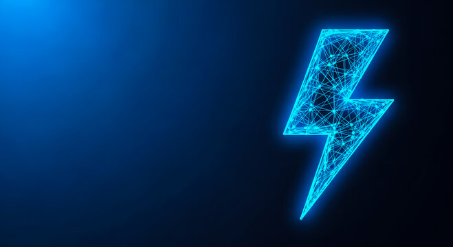 High-tech electric lightning bolt with glowing neon blue edges and intricate network patterns on a dark futuristic backdrop.