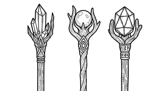 Intricate fantasy magic staffs with crystals and moon design in black and white