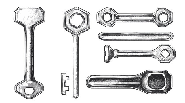 Hand-drawn set of tools isolated on white. Includes wrench, keys, and bar for repair