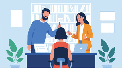 Flat illustration of collaborative workspace with three people at desk bookshelves plants and modern office interior scene © md siam ali 