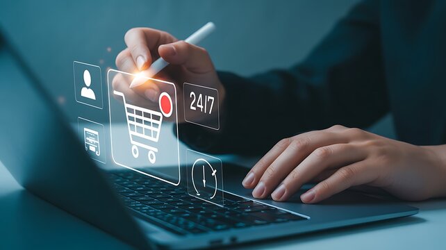 Online shopping and e-commerce concept with a person using a laptop and digital icons of shopping cart, user profile, and clock